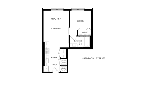 Floor plan for 1 bed, 1 bath, 583 sqft